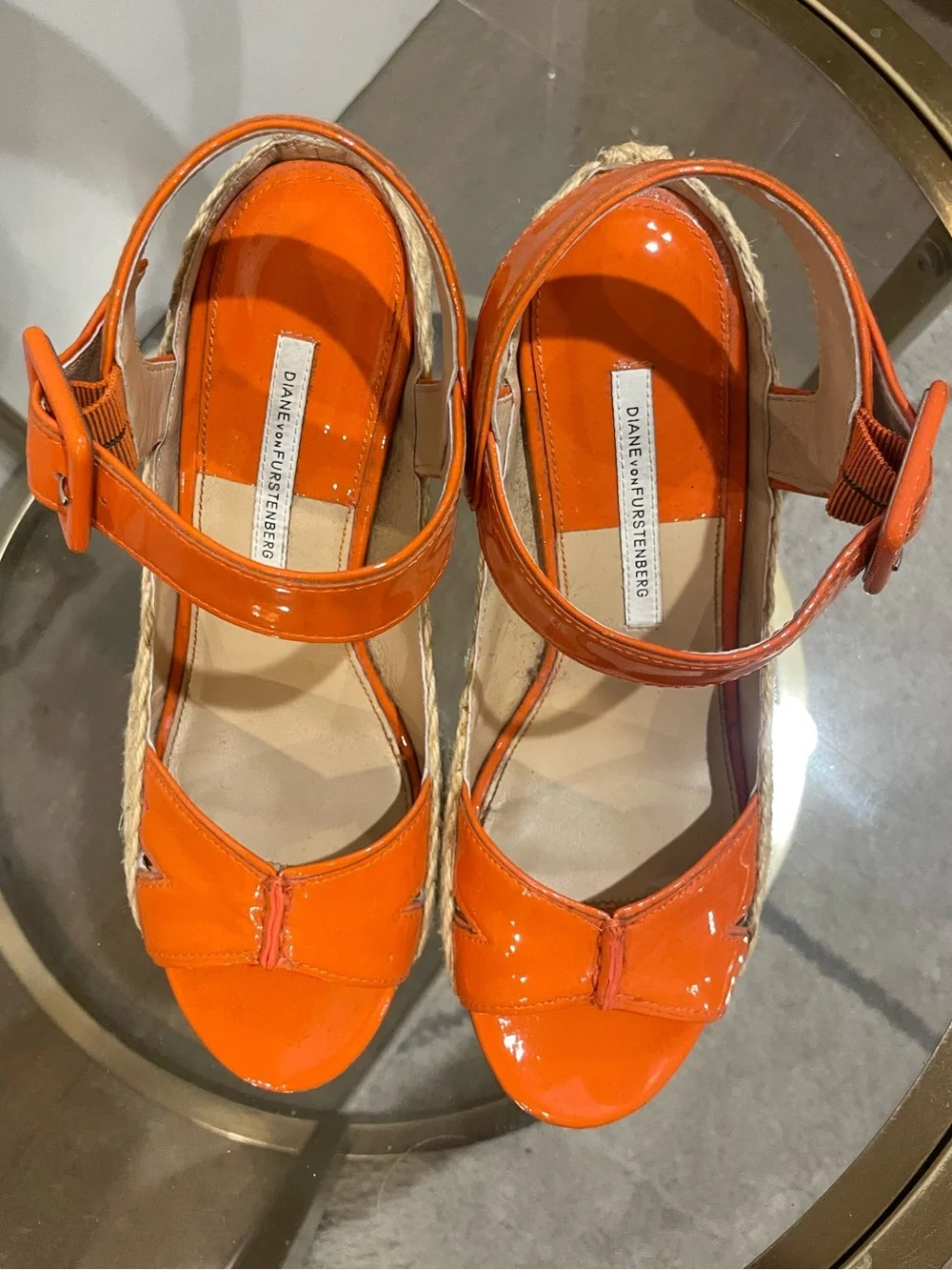 Diane Von Furstenberg Orange Patent Leather Wedge Espadrille, Size 8